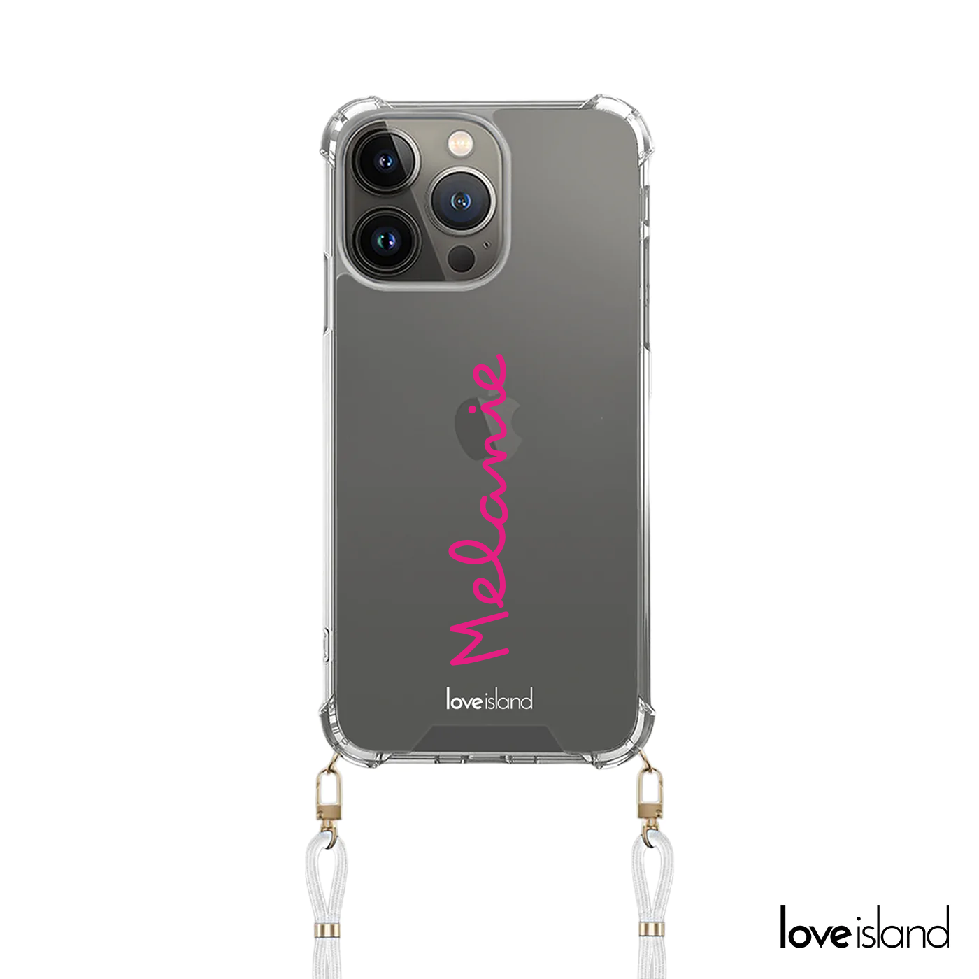 Officiële Love Island telefoonhoesje met koord met roze naam.
